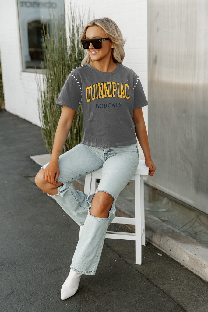 QUINNIPIAC BOBCATS AFTER PARTY STUDDED SHORT SLEEVE MODERATELY CROPPED TEE