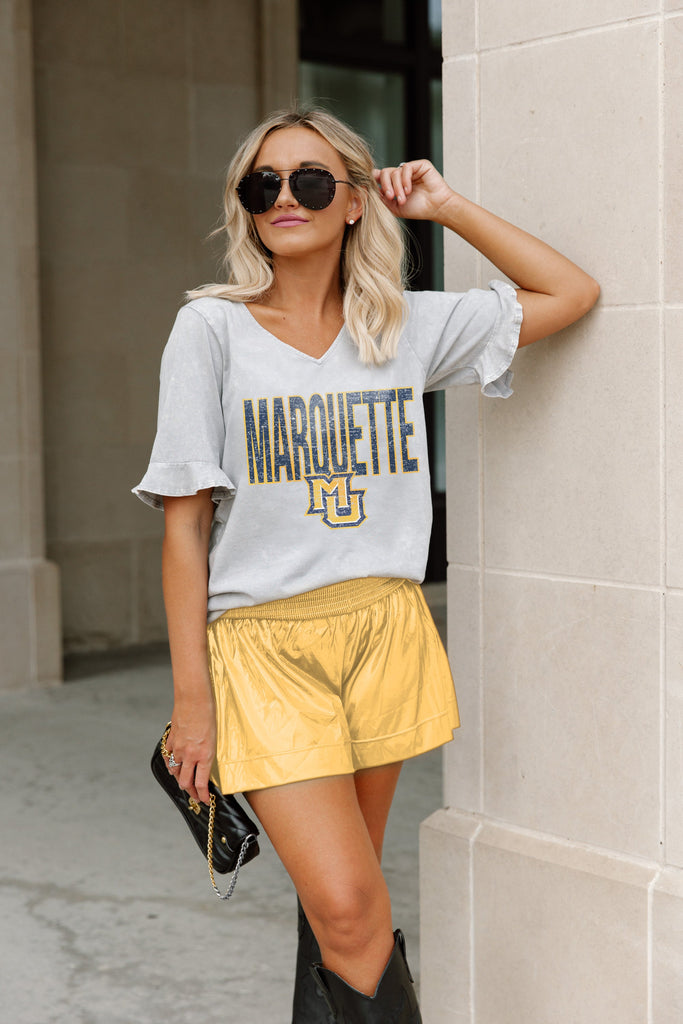 MARQUETTE GOLDEN EAGLES CLASS ACT RELAXED RUFFLE SLEEVE V-NECK TOP