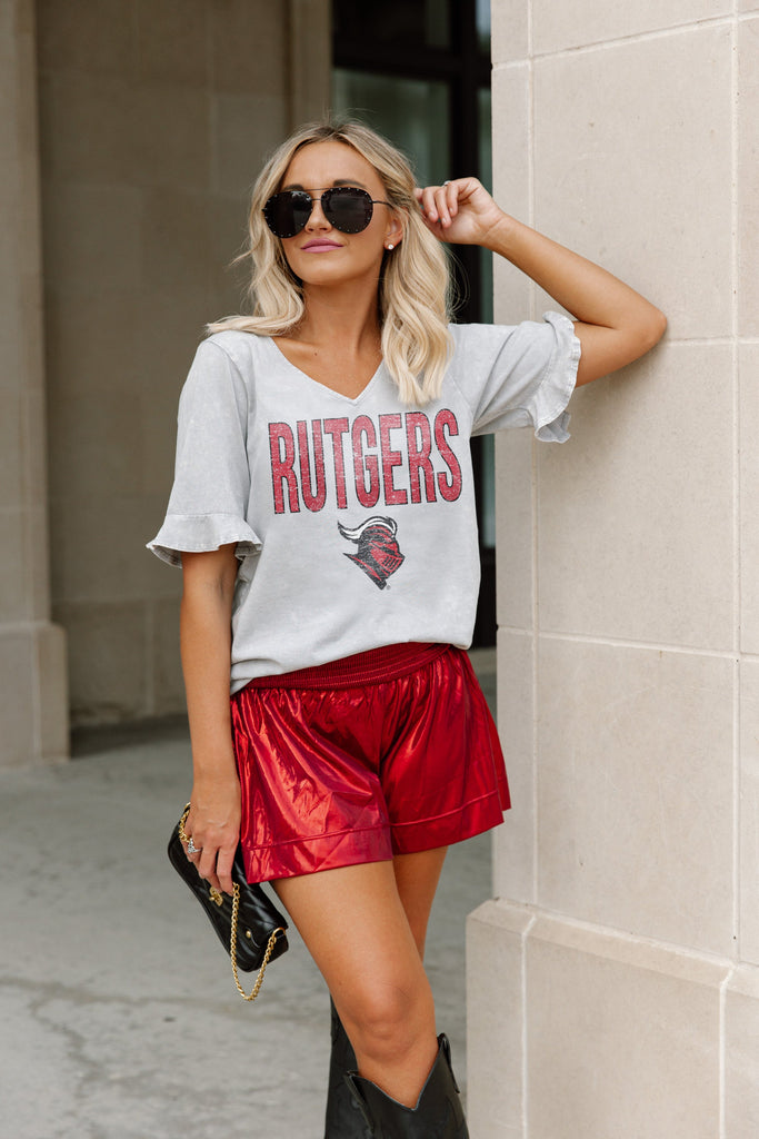 RUTGERS SCARLET KNIGHTS CLASS ACT RELAXED RUFFLE SLEEVE V-NECK TOP