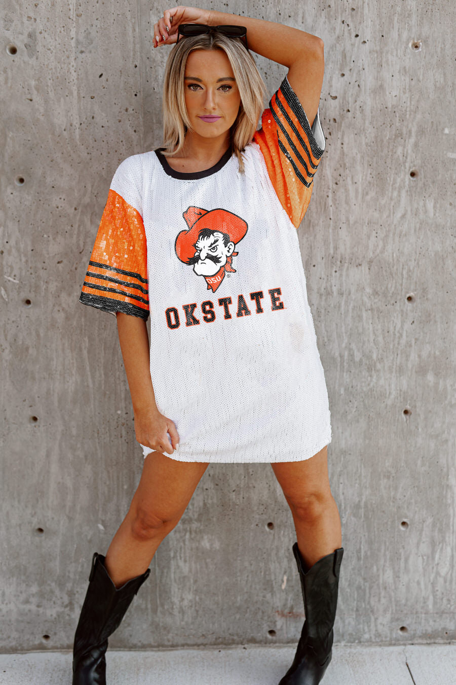 GC Oklahoma State Cowboys Chic Champs Full Sequin Jersey Dress