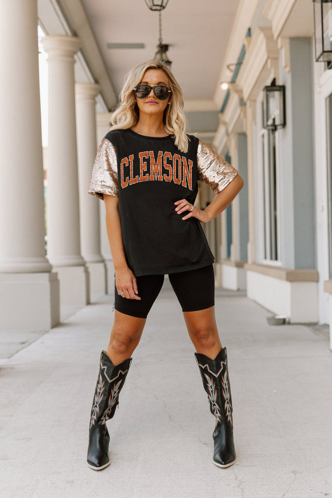 CLEMSON TIGERS SHINE ON SEQUIN SLEEVE DETAIL TOP