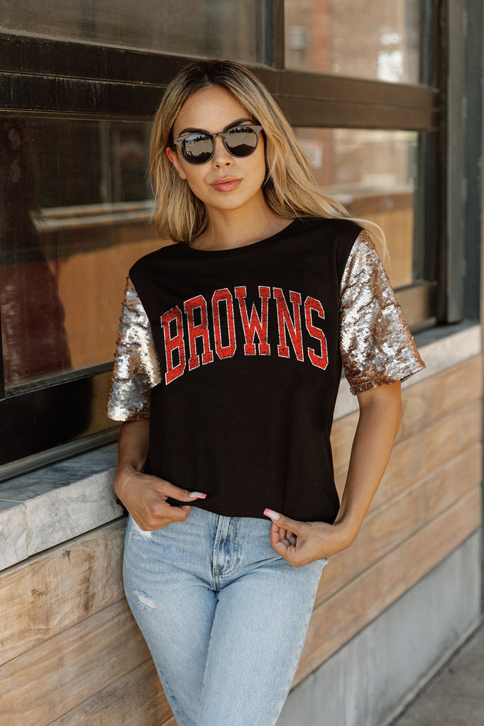 CLEVELAND BROWNS GLAMAZON SHORT SLEEVE TOP WITH LINED FLIP-SEQUIN SLEEVES