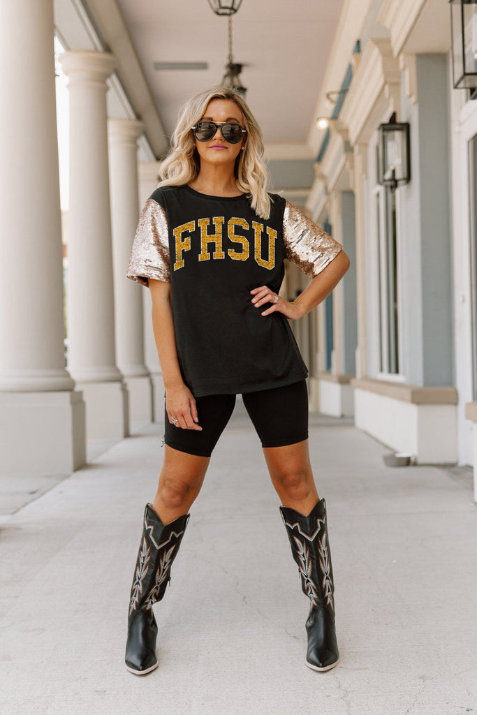FORT HAYS STATE TIGERS SHINE ON SEQUIN SLEEVE DETAIL TOP