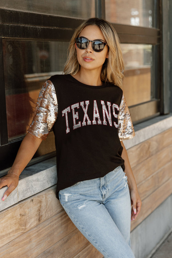 HOUSTON TEXANS GLAMAZON SHORT SLEEVE TOP WITH LINED FLIP-SEQUIN SLEEVES