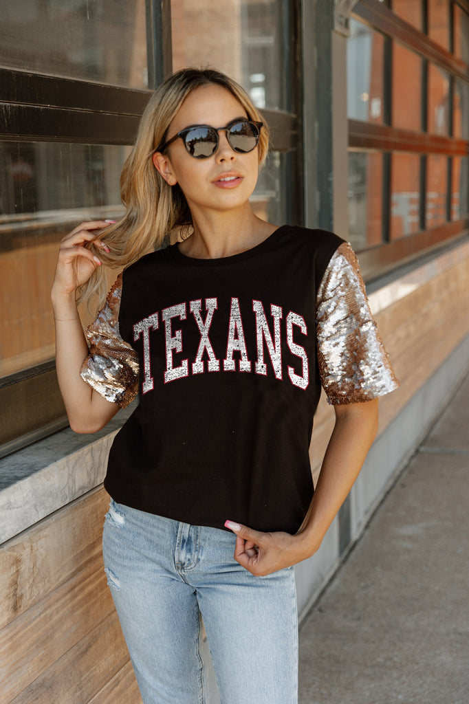HOUSTON TEXANS GLAMAZON SHORT SLEEVE TOP WITH LINED FLIP-SEQUIN SLEEVES