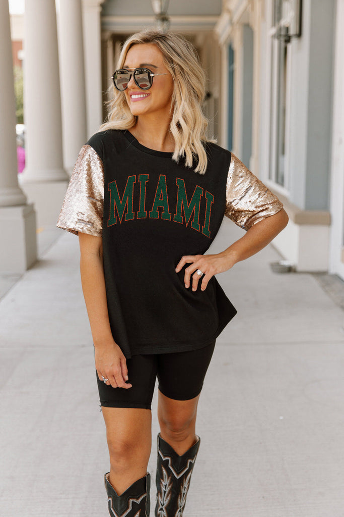 MIAMI HURRICANES SHINE ON SEQUIN SLEEVE DETAIL TOP