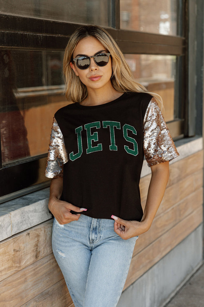 NEW YORK JETS GLAMAZON SHORT SLEEVE TOP WITH LINED FLIP-SEQUIN SLEEVES