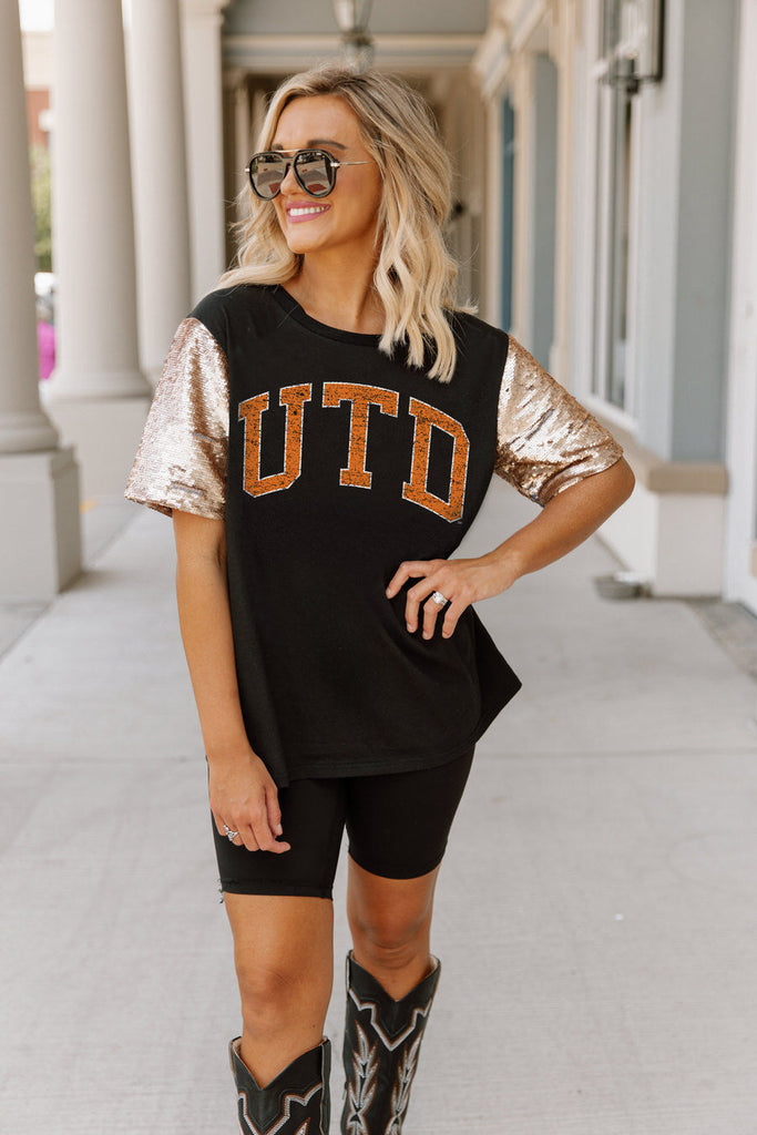 TEXAS AT DALLAS COMETS SHINE ON SEQUIN SLEEVE DETAIL TOP