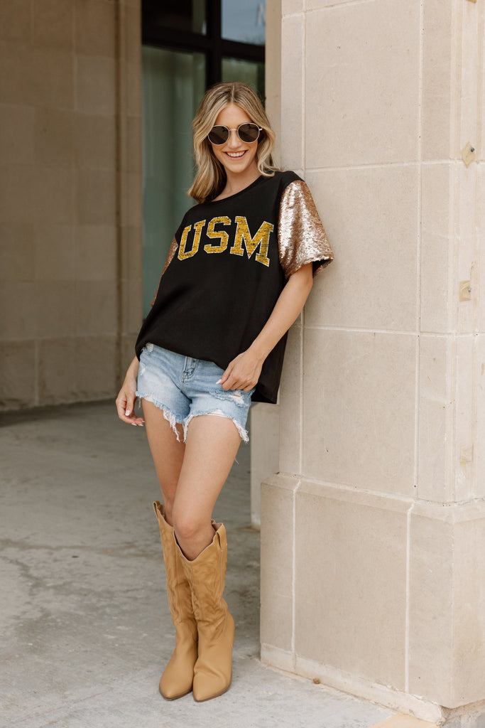 SOUTHERN MISS GOLDEN EAGLES SHINE ON SEQUIN SLEEVE DETAIL TOP