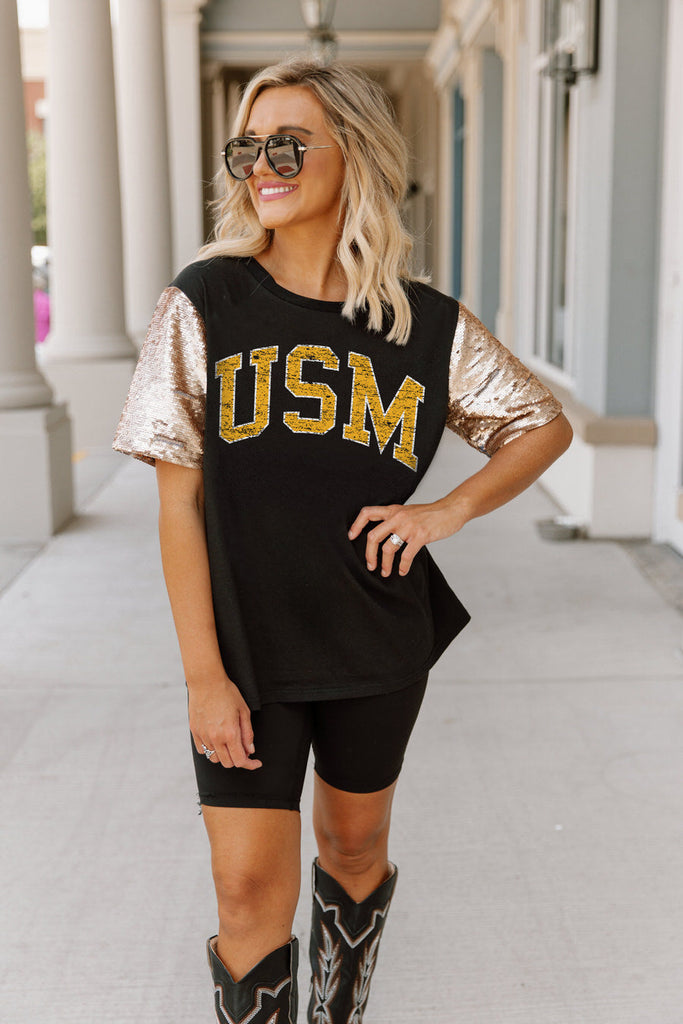 SOUTHERN MISS GOLDEN EAGLES SHINE ON SEQUIN SLEEVE DETAIL TOP