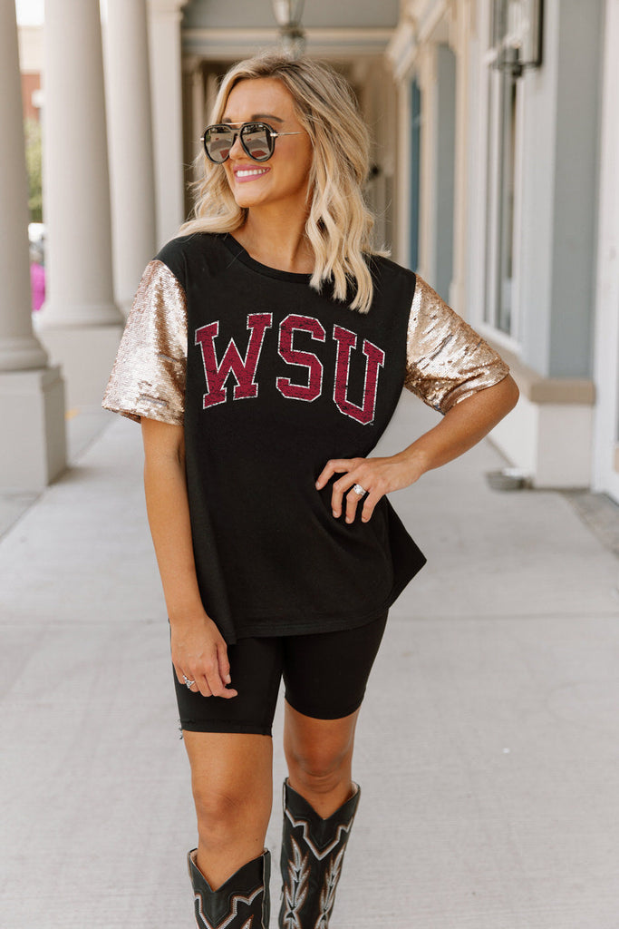 WASHINGTON STATE COUGARS SHINE ON SEQUIN SLEEVE DETAIL TOP