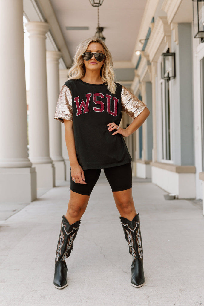 WASHINGTON STATE COUGARS SHINE ON SEQUIN SLEEVE DETAIL TOP