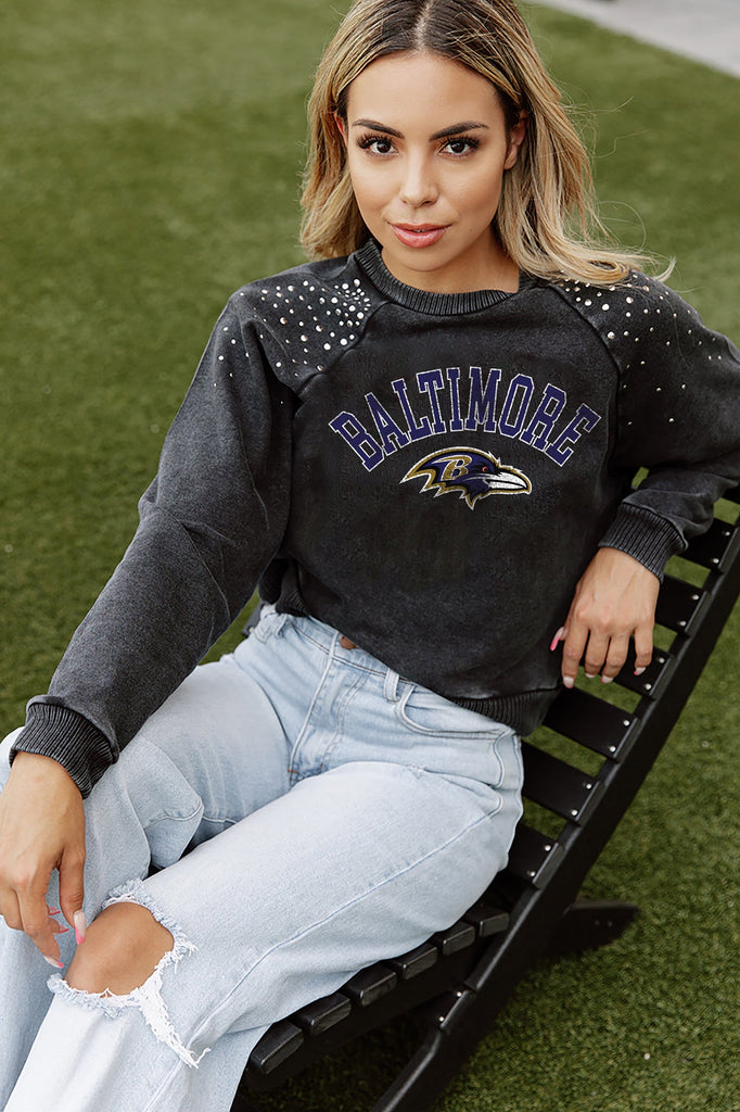 BALTIMORE RAVENS TOUCHDOWN FRENCH TERRY VINTAGE WASH STUDDED SHOULDER DETAIL LONG SLEEVE PULLOVER