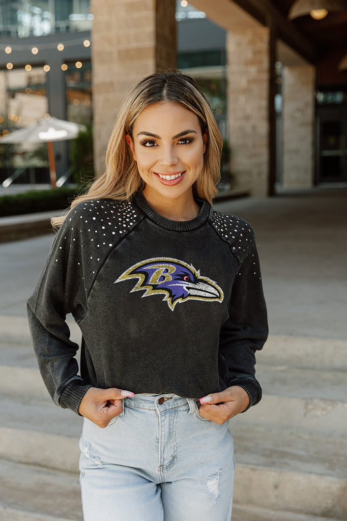 BALTIMORE RAVENS COUTURE CREW FRENCH TERRY VINTAGE WASH STUDDED SHOULDER DETAIL LONG SLEEVE PULLOVER
