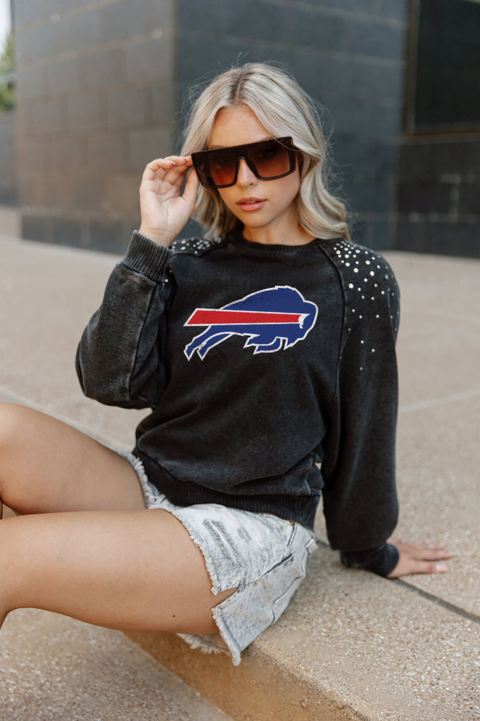 BUFFALO BILLS COUTURE CREW FRENCH TERRY VINTAGE WASH STUDDED SHOULDER DETAIL LONG SLEEVE PULLOVER