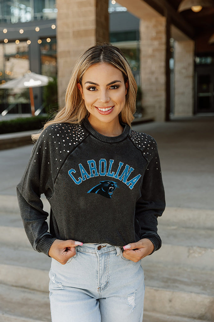 CAROLINA PANTHERS TOUCHDOWN FRENCH TERRY VINTAGE WASH STUDDED SHOULDER DETAIL LONG SLEEVE PULLOVER