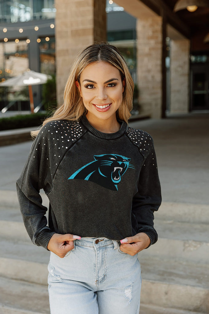 CAROLINA PANTHERS COUTURE CREW FRENCH TERRY VINTAGE WASH STUDDED SHOULDER DETAIL LONG SLEEVE PULLOVER