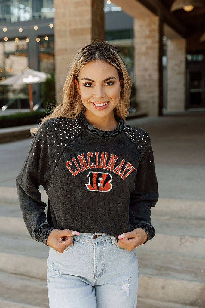 CINCINNATI BENGALS TOUCHDOWN FRENCH TERRY VINTAGE WASH STUDDED SHOULDER DETAIL LONG SLEEVE PULLOVER