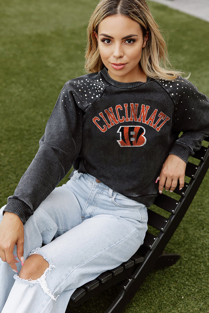 CINCINNATI BENGALS TOUCHDOWN FRENCH TERRY VINTAGE WASH STUDDED SHOULDER DETAIL LONG SLEEVE PULLOVER