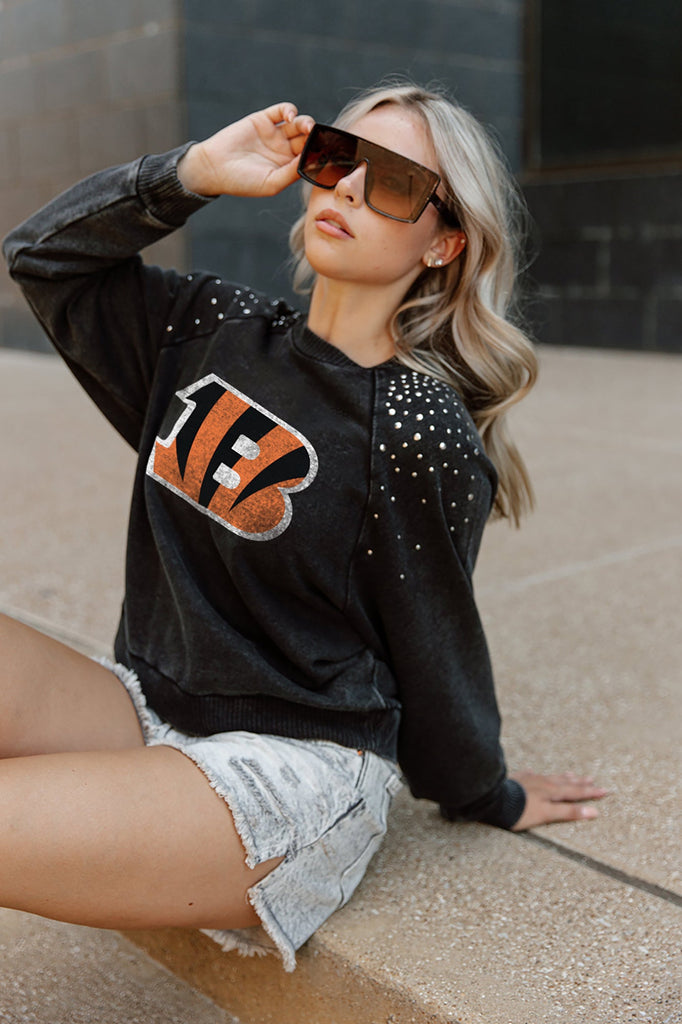 CINCINNATI BENGALS COUTURE CREW FRENCH TERRY VINTAGE WASH STUDDED SHOULDER DETAIL LONG SLEEVE PULLOVER