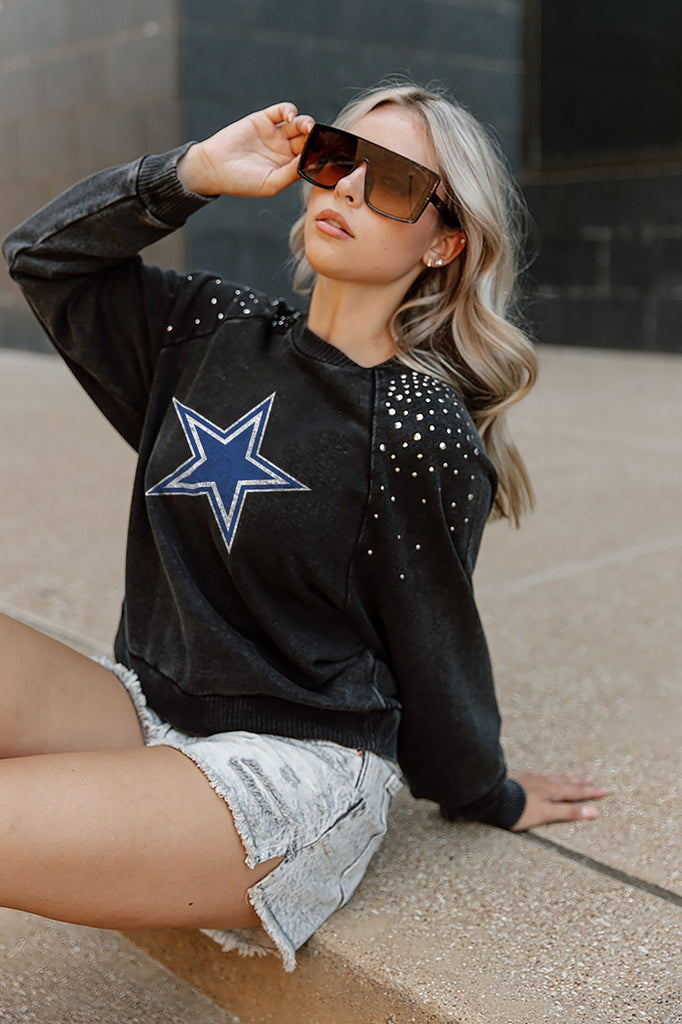 DALLAS COWBOYS COUTURE CREW FRENCH TERRY VINTAGE WASH STUDDED SHOULDER DETAIL LONG SLEEVE PULLOVER