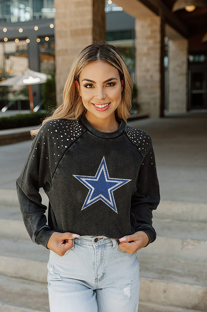 DALLAS COWBOYS COUTURE CREW FRENCH TERRY VINTAGE WASH STUDDED SHOULDER DETAIL LONG SLEEVE PULLOVER