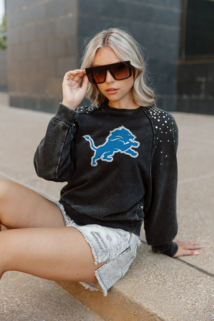 DETROIT LIONS COUTURE CREW FRENCH TERRY VINTAGE WASH STUDDED SHOULDER DETAIL LONG SLEEVE PULLOVER