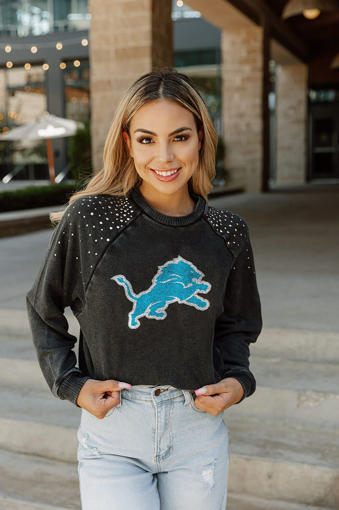 DETROIT LIONS COUTURE CREW FRENCH TERRY VINTAGE WASH STUDDED SHOULDER DETAIL LONG SLEEVE PULLOVER
