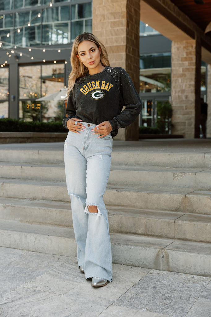 GREEN BAY PACKERS TOUCHDOWN FRENCH TERRY VINTAGE WASH STUDDED SHOULDER DETAIL LONG SLEEVE PULLOVER