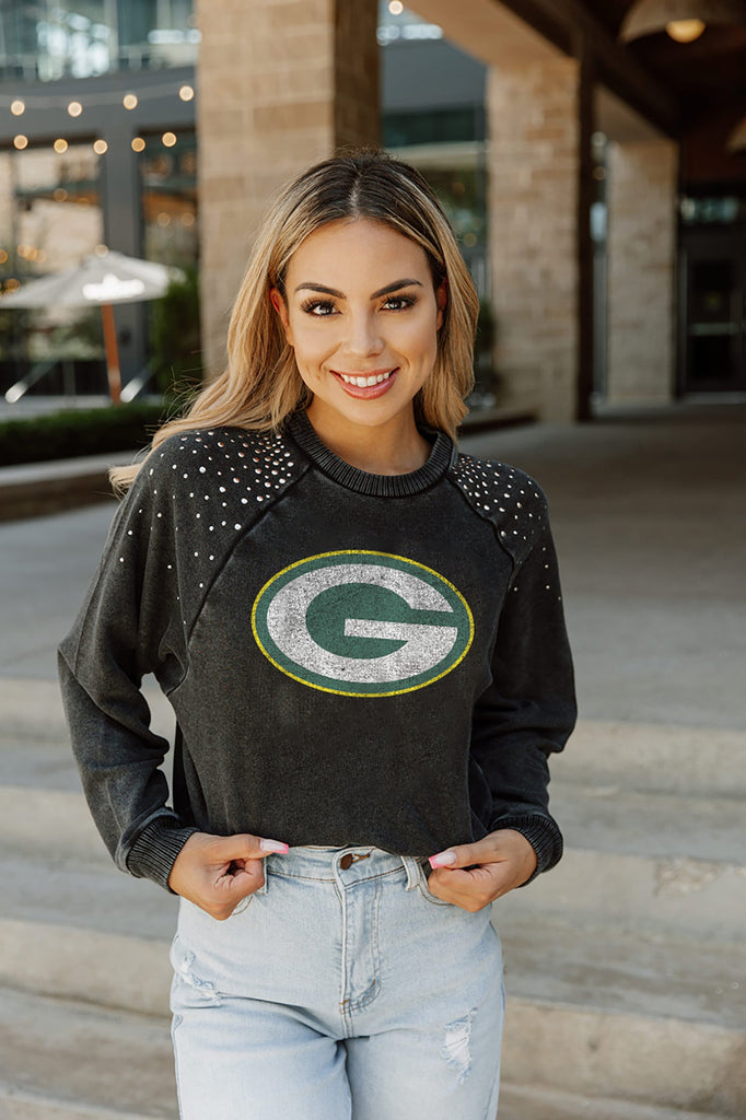 GREEN BAY PACKERS COUTURE CREW FRENCH TERRY VINTAGE WASH STUDDED SHOULDER DETAIL LONG SLEEVE PULLOVER