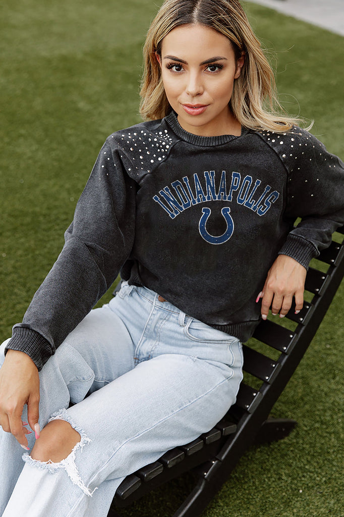 INDIANAPOLIS COLTS TOUCHDOWN FRENCH TERRY VINTAGE WASH STUDDED SHOULDER DETAIL LONG SLEEVE PULLOVER