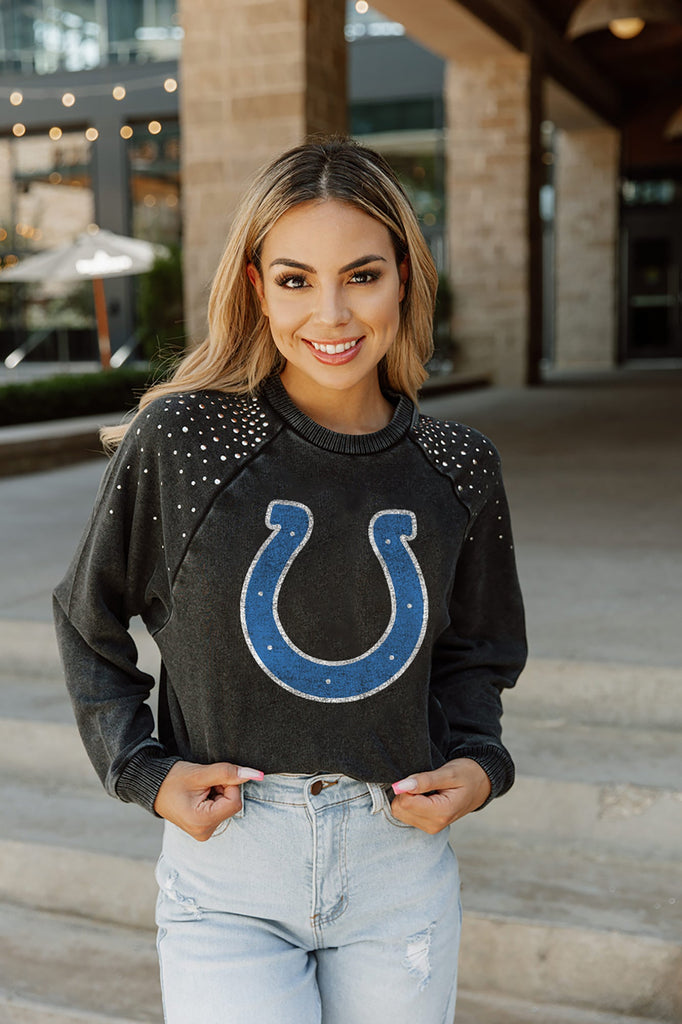 INDIANAPOLIS COLTS COUTURE CREW FRENCH TERRY VINTAGE WASH STUDDED SHOULDER DETAIL LONG SLEEVE PULLOVER