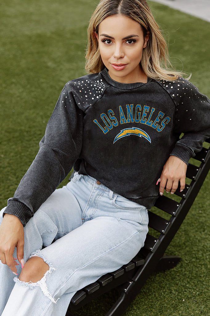 LOS ANGELES CHARGERS TOUCHDOWN FRENCH TERRY VINTAGE WASH STUDDED SHOULDER DETAIL LONG SLEEVE PULLOVER