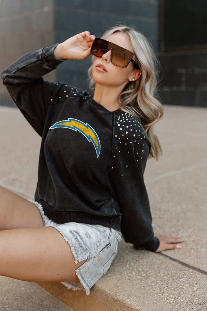 LOS ANGELES CHARGERS COUTURE CREW FRENCH TERRY VINTAGE WASH STUDDED SHOULDER DETAIL LONG SLEEVE PULLOVER