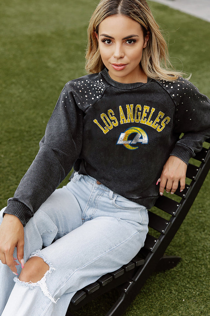 LOS ANGELES RAMS TOUCHDOWN FRENCH TERRY VINTAGE WASH STUDDED SHOULDER DETAIL LONG SLEEVE PULLOVER