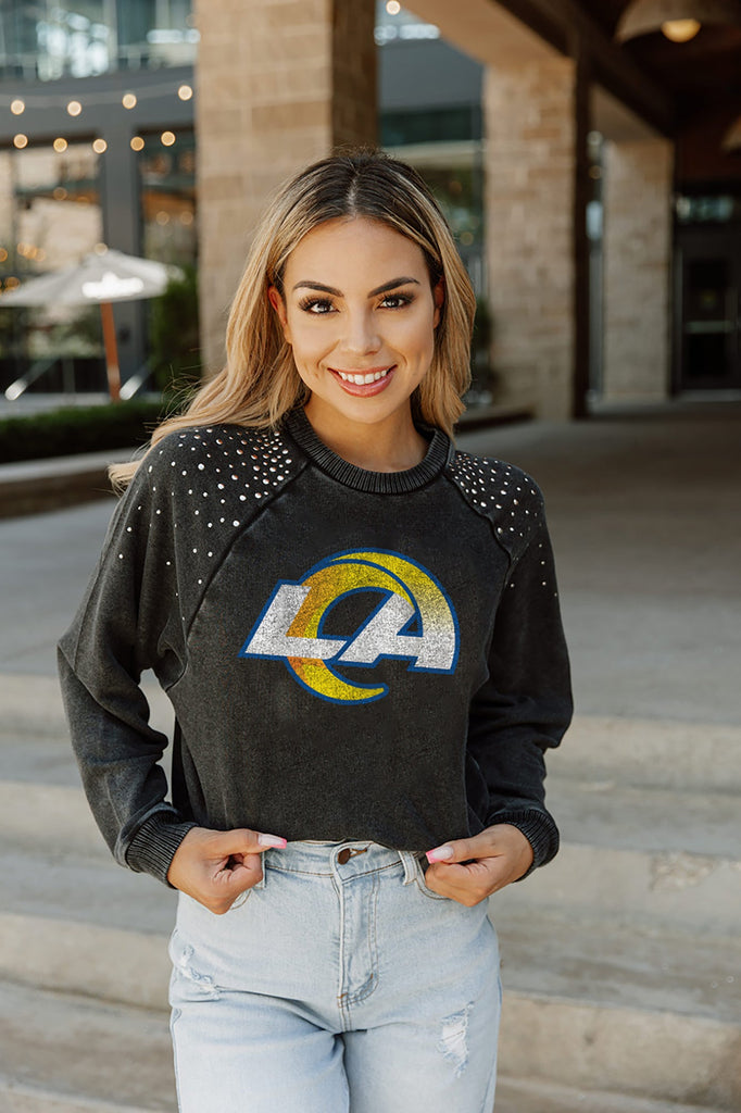LOS ANGELES RAMS COUTURE CREW FRENCH TERRY VINTAGE WASH STUDDED SHOULDER DETAIL LONG SLEEVE PULLOVER