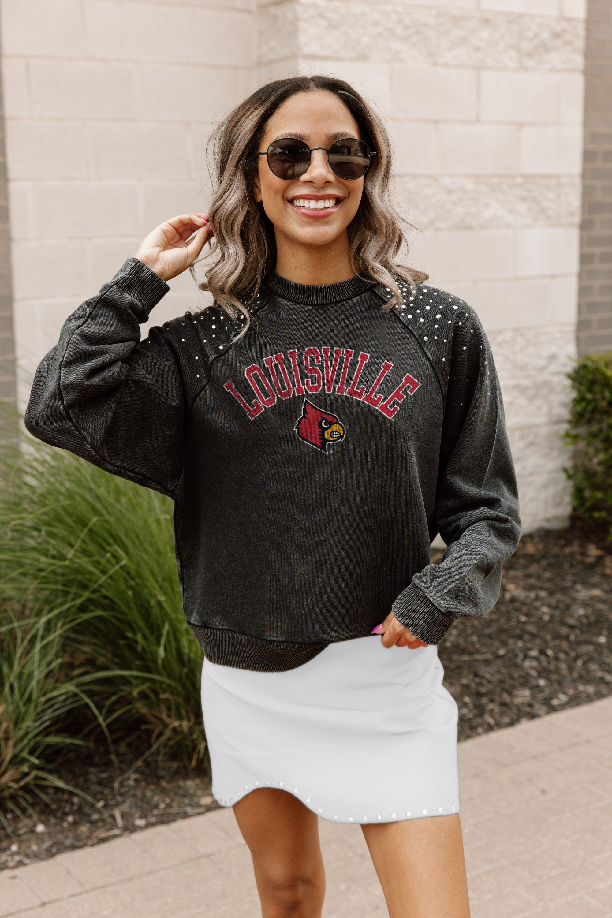 Women's Gameday Couture Charcoal Louisville Cardinals Don't Blink Studded  Cropped Sweatshirt