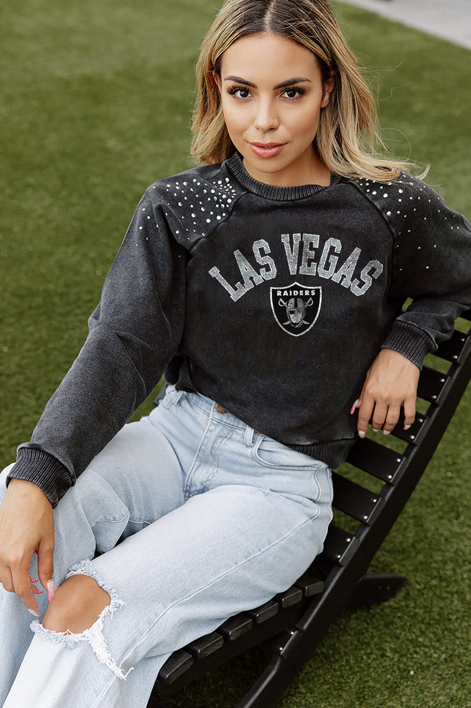 LAS VEGAS RAIDERS TOUCHDOWN FRENCH TERRY VINTAGE WASH STUDDED SHOULDER DETAIL LONG SLEEVE PULLOVER