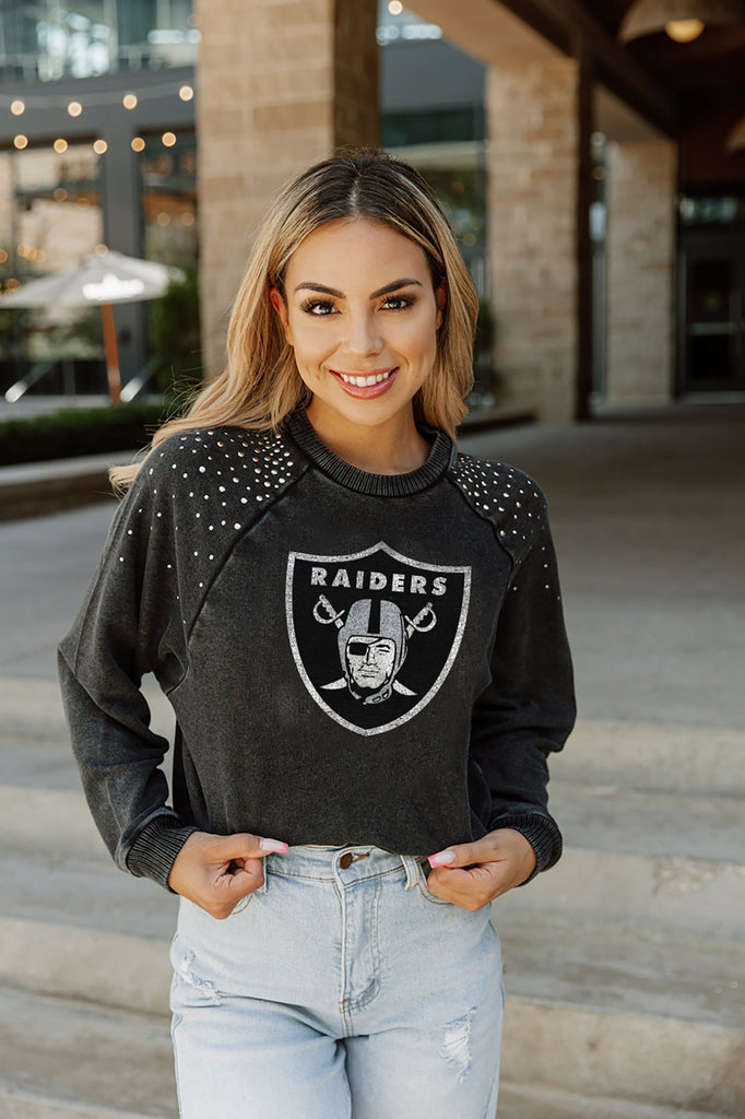LAS VEGAS RAIDERS COUTURE CREW FRENCH TERRY VINTAGE WASH STUDDED SHOULDER DETAIL LONG SLEEVE PULLOVER