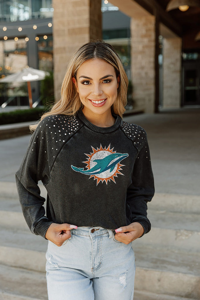 MIAMI DOLPHINS COUTURE CREW FRENCH TERRY VINTAGE WASH STUDDED SHOULDER DETAIL LONG SLEEVE PULLOVER