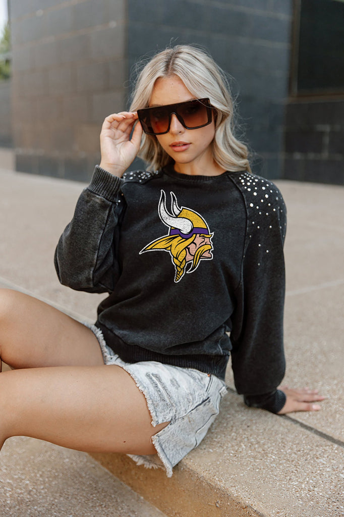 MINNESOTA VIKINGS COUTURE CREW FRENCH TERRY VINTAGE WASH STUDDED SHOULDER DETAIL LONG SLEEVE PULLOVER