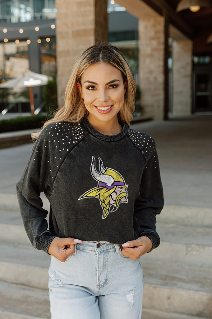 MINNESOTA VIKINGS COUTURE CREW FRENCH TERRY VINTAGE WASH STUDDED SHOULDER DETAIL LONG SLEEVE PULLOVER