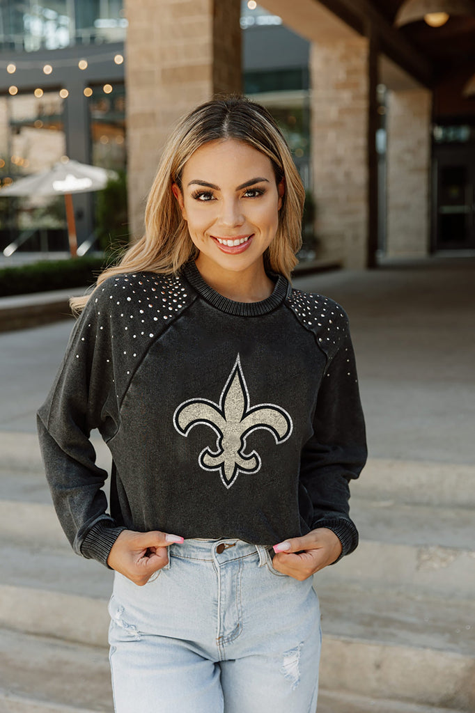 NEW ORLEANS SAINTS COUTURE CREW FRENCH TERRY VINTAGE WASH STUDDED SHOULDER DETAIL LONG SLEEVE PULLOVER