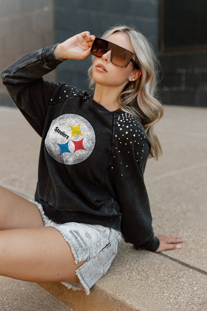 PITTSBURGH STEELERS COUTURE CREW FRENCH TERRY VINTAGE WASH STUDDED SHOULDER DETAIL LONG SLEEVE PULLOVER