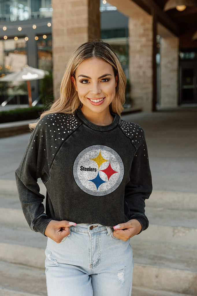 PITTSBURGH STEELERS COUTURE CREW FRENCH TERRY VINTAGE WASH STUDDED SHOULDER DETAIL LONG SLEEVE PULLOVER