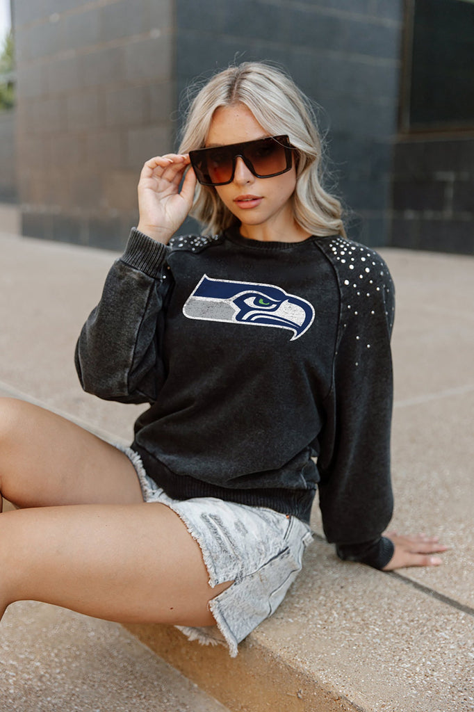 SEATTLE SEAHAWKS COUTURE CREW FRENCH TERRY VINTAGE WASH STUDDED SHOULDER DETAIL LONG SLEEVE PULLOVER