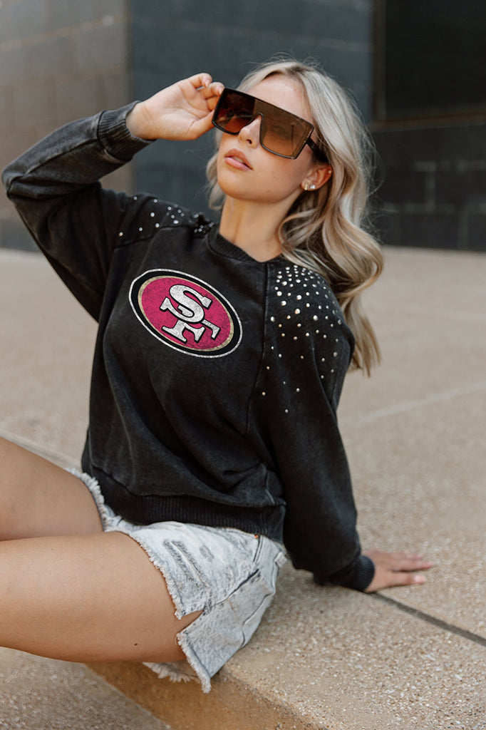 SAN FRANCISCO 49ERS COUTURE CREW FRENCH TERRY VINTAGE WASH STUDDED SHOULDER DETAIL LONG SLEEVE PULLOVER