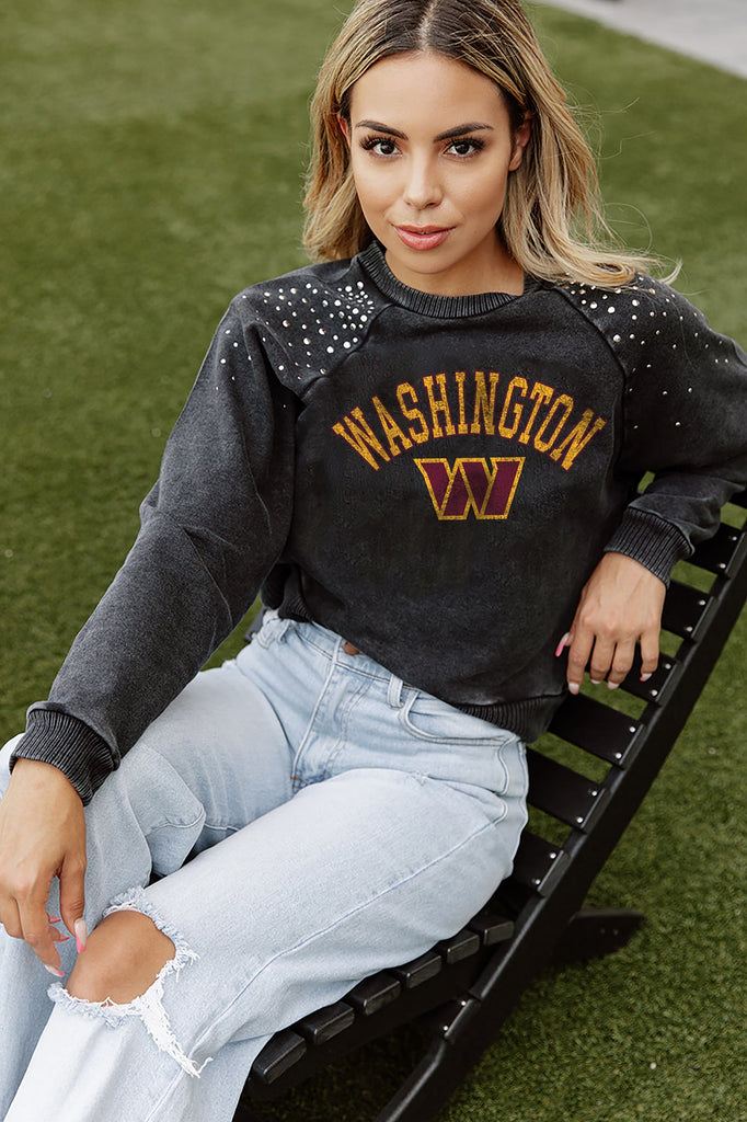WASHINGTON COMMANDERS TOUCHDOWN FRENCH TERRY VINTAGE WASH STUDDED SHOULDER DETAIL LONG SLEEVE PULLOVER