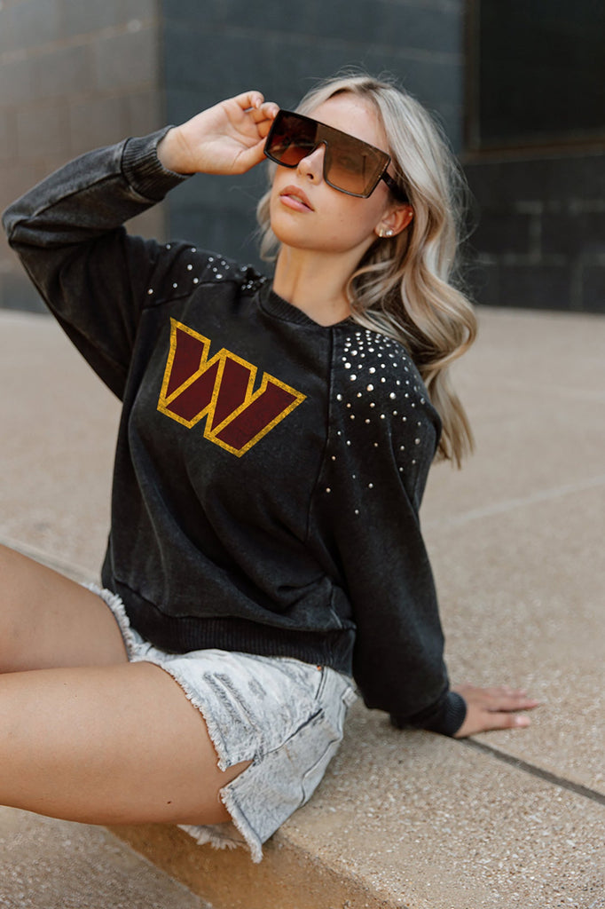 WASHINGTON COMMANDERS COUTURE CREW FRENCH TERRY VINTAGE WASH STUDDED SHOULDER DETAIL LONG SLEEVE PULLOVER