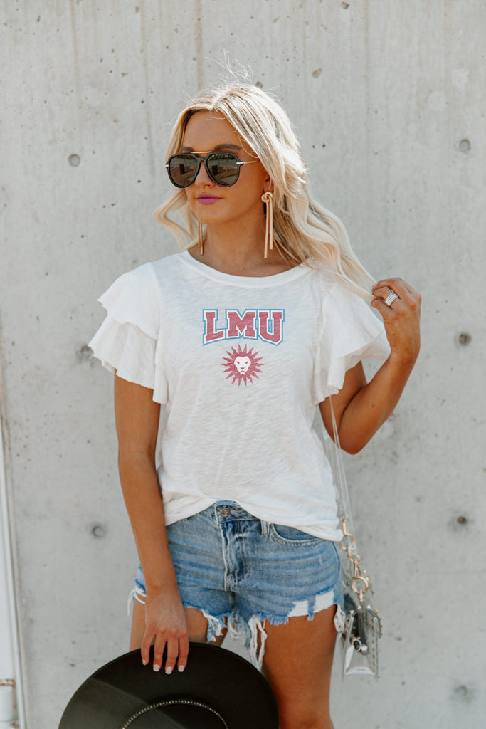 LOYOLA MARYMOUNT LIONS ALL IN TO WIN FLUTTER SLEEVE CREWNECK TOP